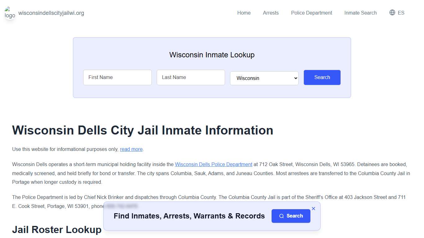 Wisconsin Dells Jail, WI Inmate Roster, Municipal Jail Info